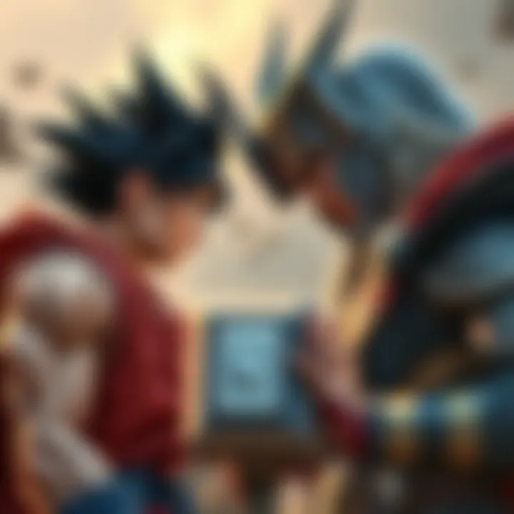 Goku and Thor face each other in an epic showdown, with Thor's hammer, Mjolnir, in the foreground.