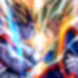 Goku in his Ultra Instinct form and Vegeta in his Ultra Ego form facing off in an intense fight, energy radiating around them.