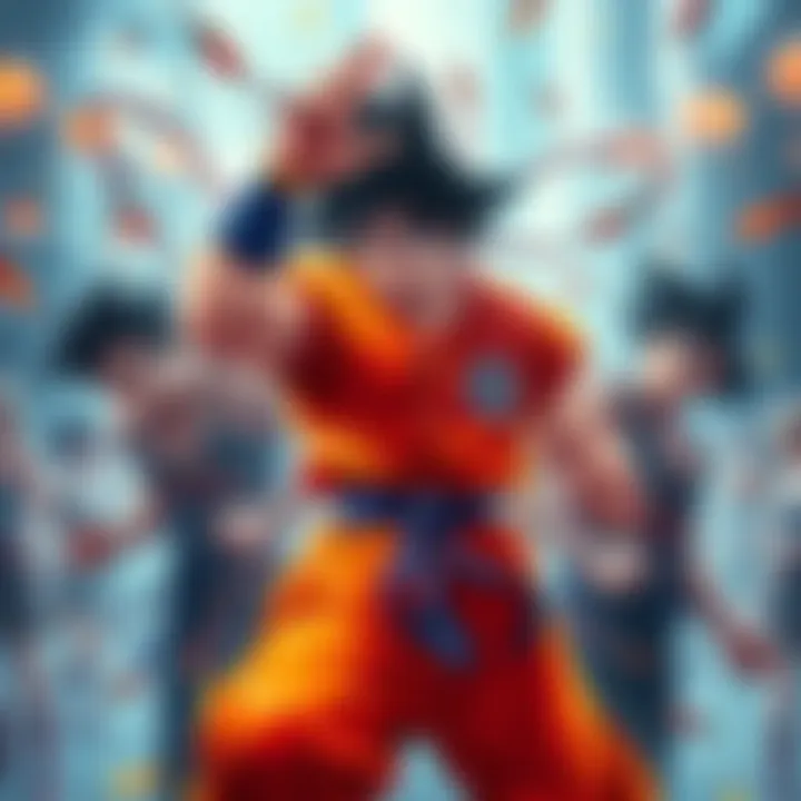 Goku in a fighting stance, surrounded by multiple humans tied to his body during the Tournament of Power