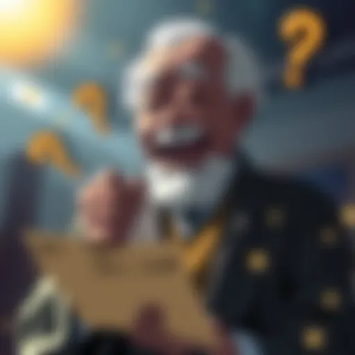 Goku's grandfather chuckling while holding a secret note, surrounded by whimsical question marks, hinting at funny reasons for not revealing parents' identities.