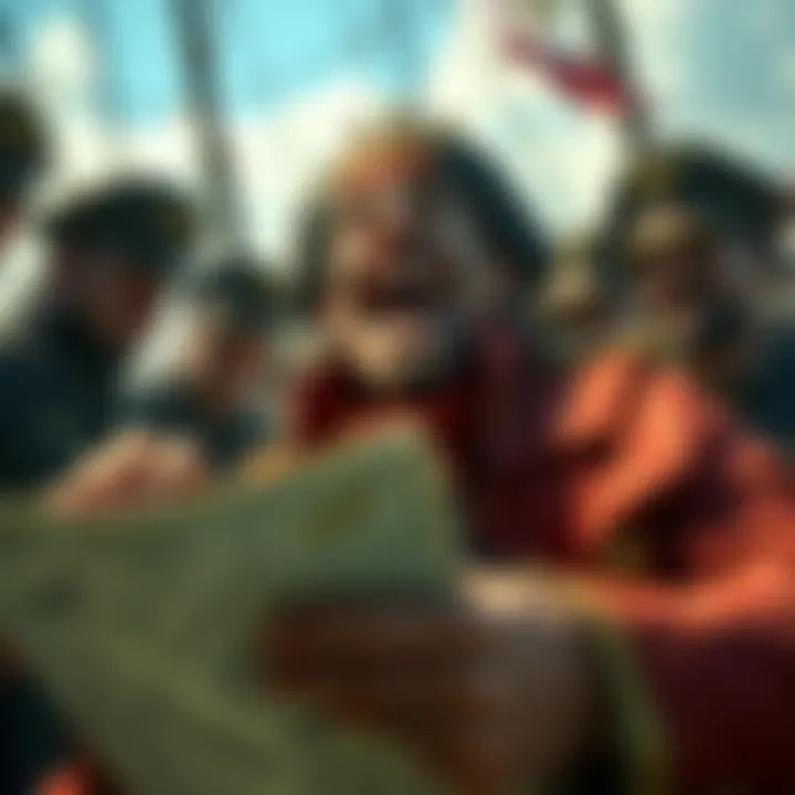 Gol D. Roger, the pirate king, laughing while holding a treasure map with Marines puzzled in the background