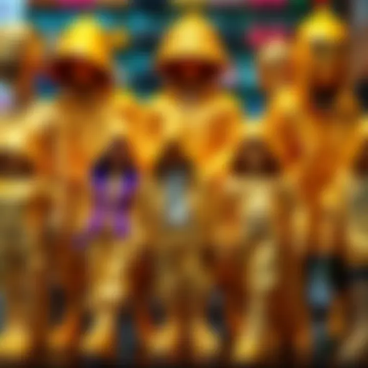 A collection of stylish gold clothes inspired by gashapon toys displayed together, showcasing unique designs and textures.
