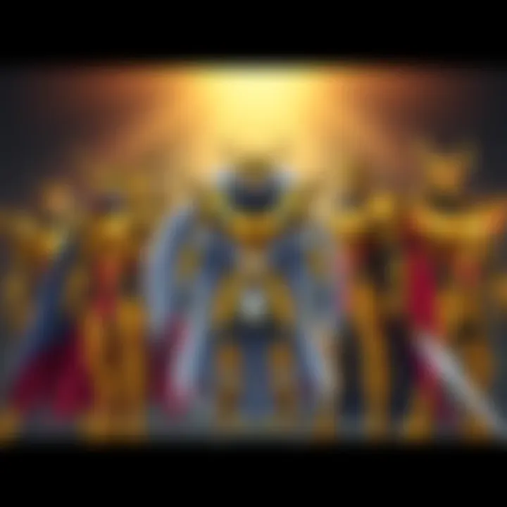 Various Gold Saints characters from comics and anime standing together, showcasing their unique armors and styles