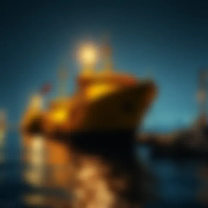 A gold ship docked in a harbor, reflecting sunlight, symbolizing investment opportunities in precious metals.