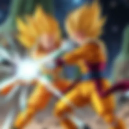 Golden Frieza and Gogeta clones engage in an intense battle showcasing powerful attacks
