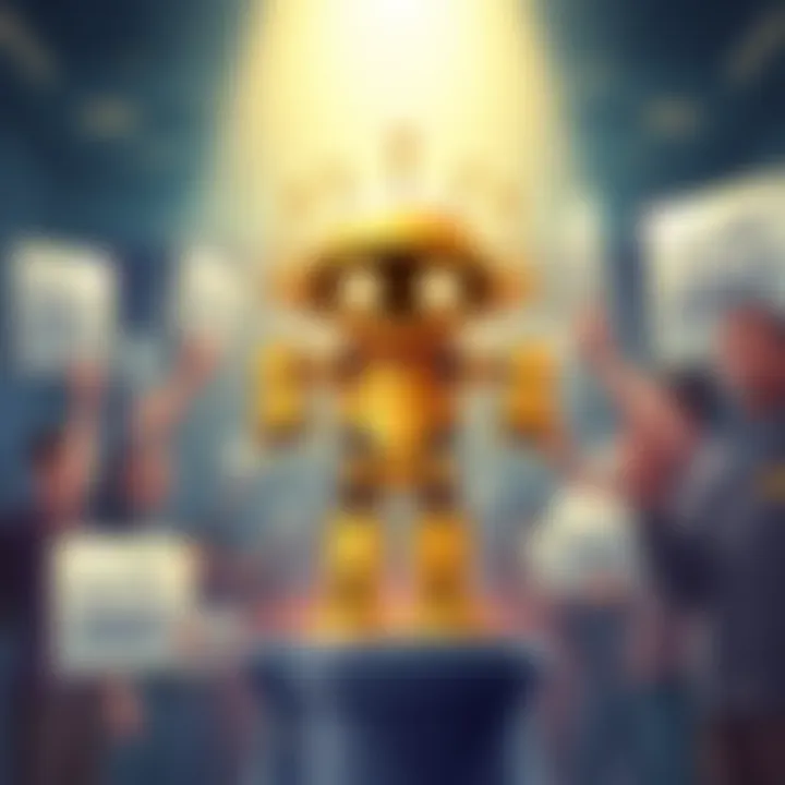 A small golden robot with bright eyes standing on a pedestal surrounded by supporters holding signs for justice.