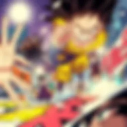 A scene showing Goldship jumping through colorful manga pages while Goku looks on, breaking a comic panel.