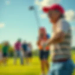 A golfer humorously holds an oversized driver while laughing with friends on the golf course.