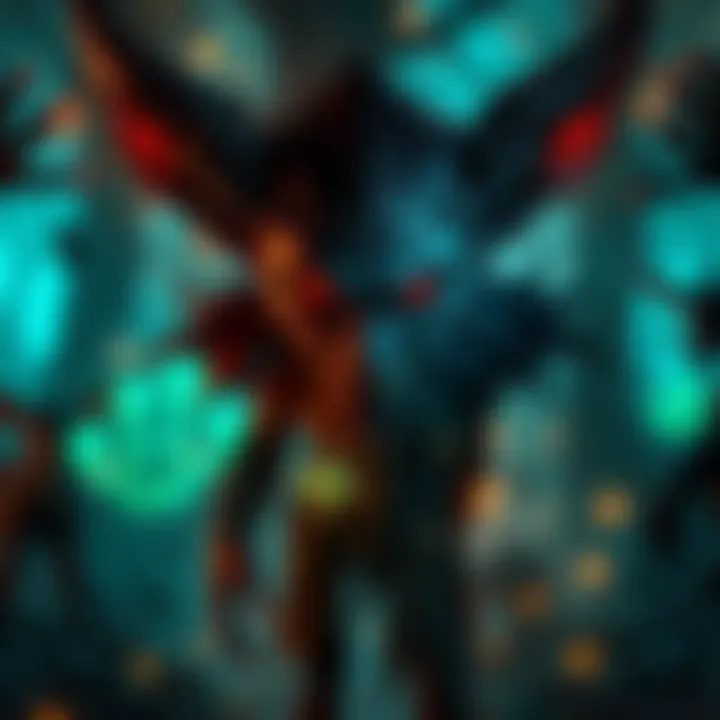 Goll stands in a dark, enchanted forest, with glowing eyes and a mysterious expression, surrounded by fantasy creatures and magical elements.