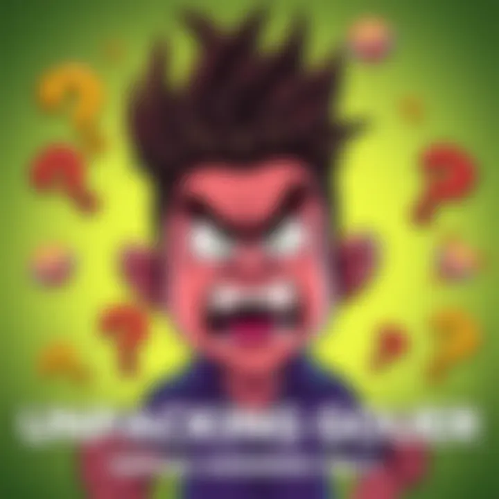 A cartoon character with wild hair showing an exaggerated angry expression, surrounded by quirky symbols of humor such as question marks and giggles.