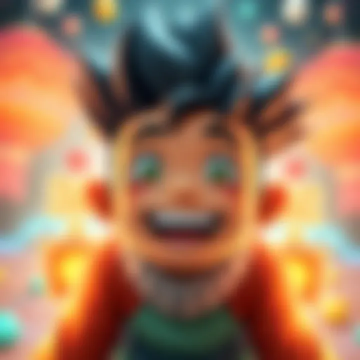 A cheerful character named Gon showing a big smile, surrounded by bright colors and symbols of happiness, representing joy and positivity.