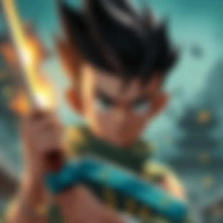 A young boy with spiky hair, looking determined while holding a weapon, symbolizing his stubbornness and pride in his journey as a hero.