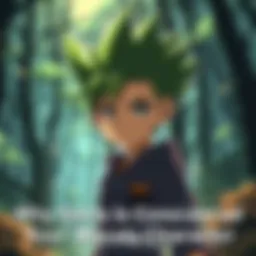 Gon, a young boy with spiky green hair and a simple outfit, looks determined as he stands in a forest, contrasting with shadows of his companions Kurapika and Killua behind him.