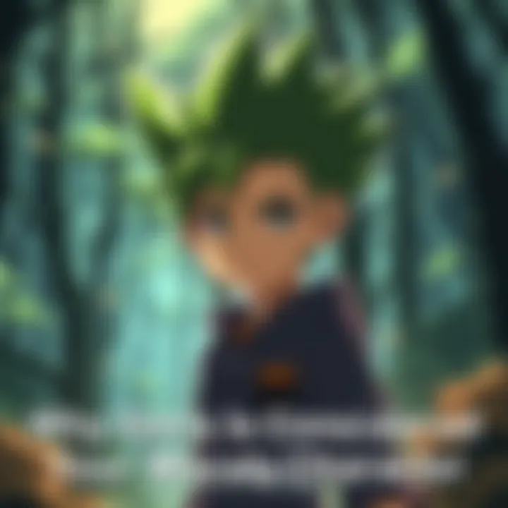 Gon, a young boy with spiky green hair and a simple outfit, looks determined as he stands in a forest, contrasting with shadows of his companions Kurapika and Killua behind him.