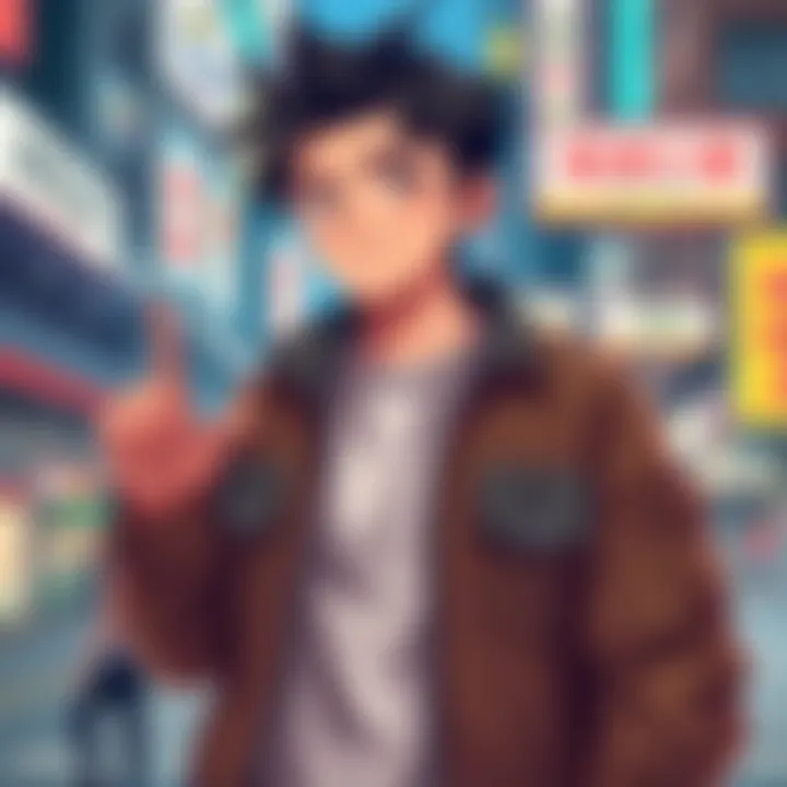 Gon stands with a playful expression, pointing at his jacket pockets, suggesting potential uses for them