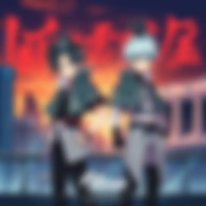 Gon and Killua wearing Phantom Troupe outfits, standing confidently with a city skyline in the background
