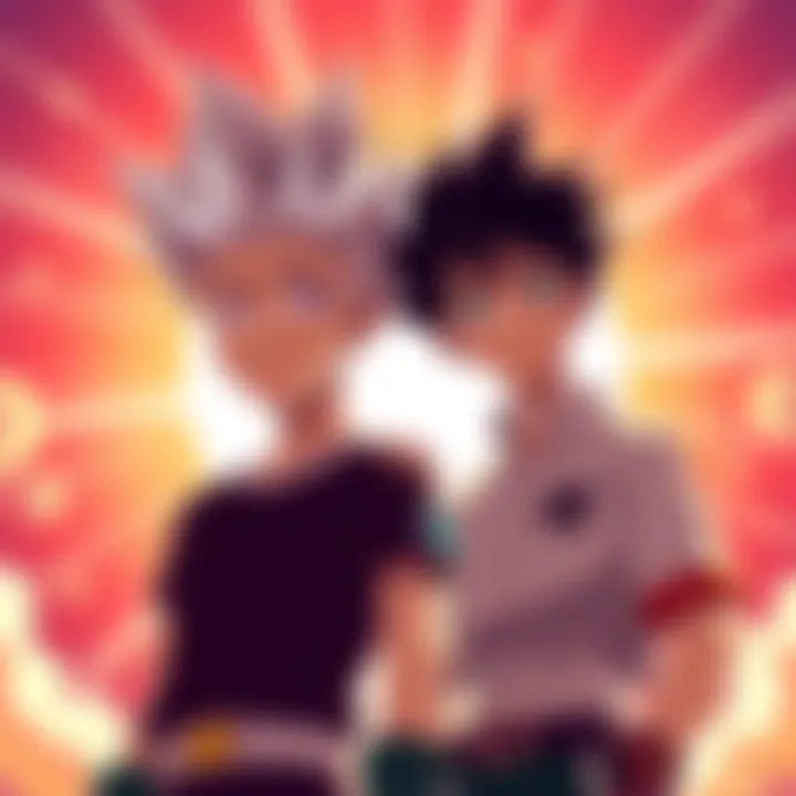 Gon and Killua Stand Together Gon and Killua standing side by side, looking determined, with a bright background symbolizing hope and friendship.