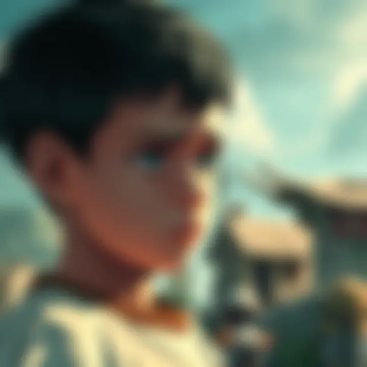 A young boy, Gon, looks thoughtfully at his surroundings, showing a mix of innocence and confusion about right and wrong in a harsh environment.