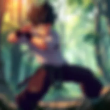 Gon in a training pose Gon from the anime standing in a fighting stance, showcasing his unique combat style in a forest setting.