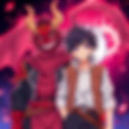 A friendly demon character standing beside a hero, both smiling and ready for adventure