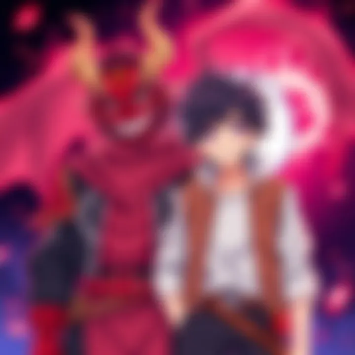 Good demon character with a hero A friendly demon character standing beside a hero, both smiling and ready for adventure
