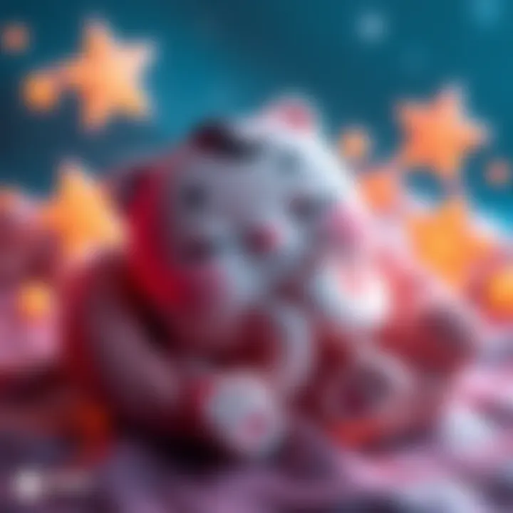 A cute clay statue representing Pun Pun in a cozy sleeping position, surrounded by soft colors and stars.