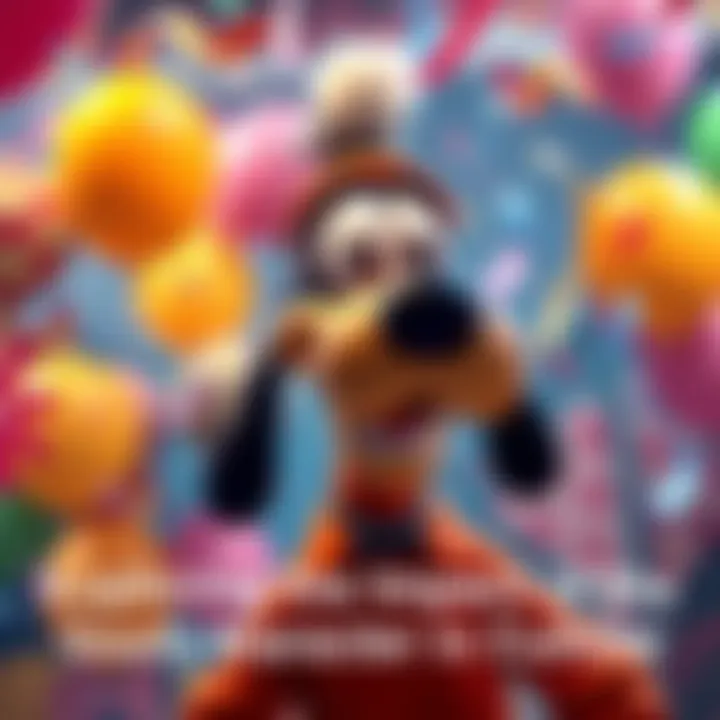 A colorful cartoon featuring a goofy character with big ears and a cheerful expression, surrounded by playful elements like balloons and confetti.