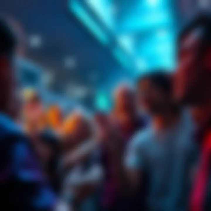 A crowd gathered discussing the shocking events involving GOOOON, with surprised expressions and lively gestures.