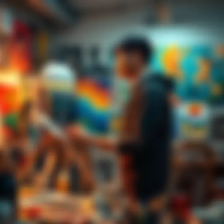 Gordan Kurosaki painting in his studio, surrounded by vibrant artworks and art supplies.