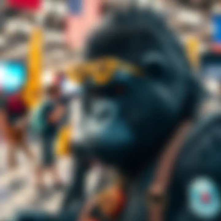 A person wearing a realistic gorilla costume at a cosplay event, showing off creative accessories and details.