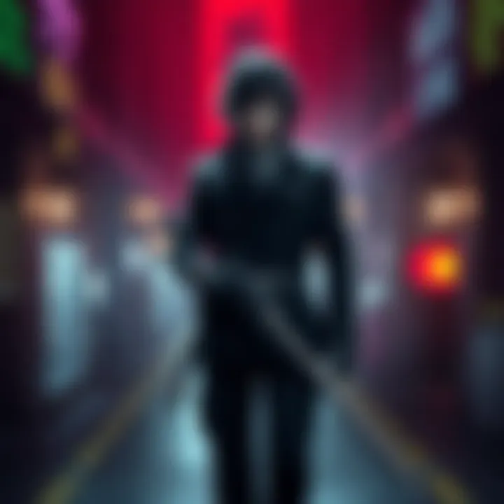 Goro Akechi character from Persona 5 standing confidently, wearing his distinct black outfit and holding a weapon, with a serious expression.