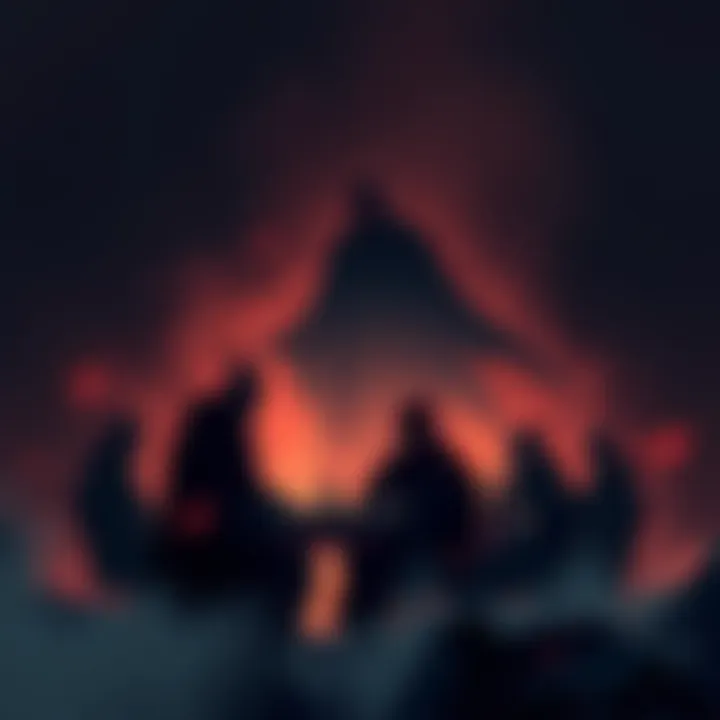A group of shadowy figures representing the Gorosei in discussion, with a dark figure symbolizing Imu looming in the background, suggesting influence and control.