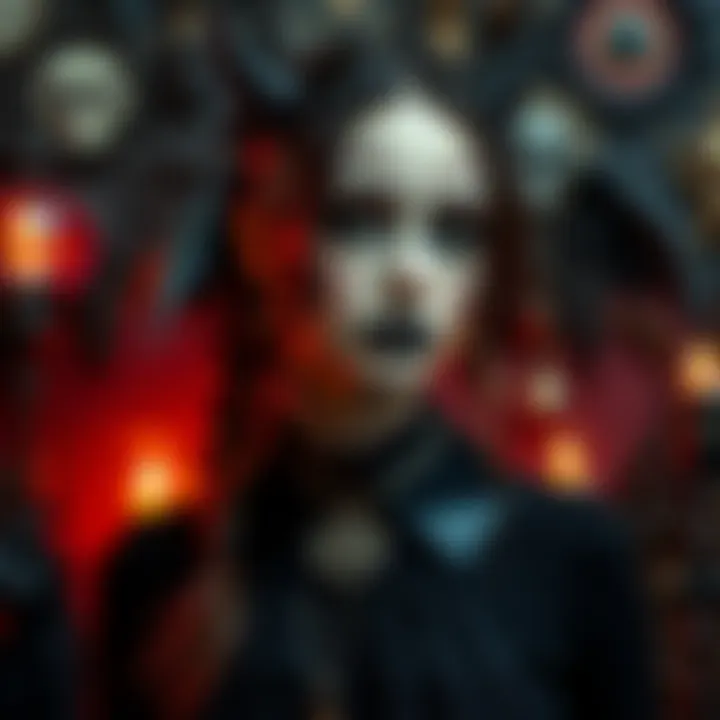 Goth Woman in Dark Clothing A goth woman wearing black clothing and striking makeup, surrounded by gothic decor and symbols.