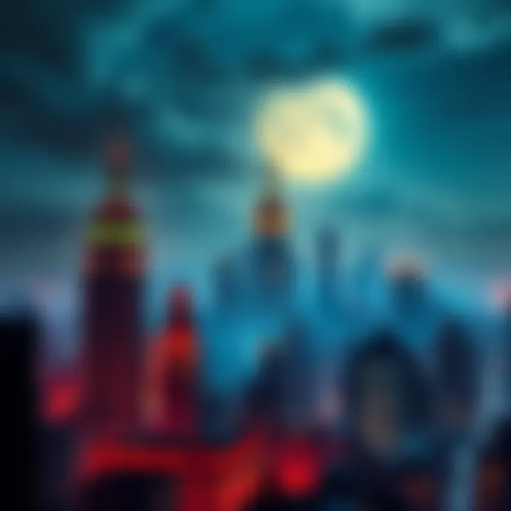 A vibrant night view of Gotham City showcasing towering buildings and a dramatic skyline with a full moon