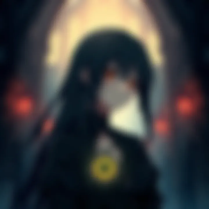 A dark-themed anime character with long black hair and haunting eyes, surrounded by eerie shadows and gothic architecture.
