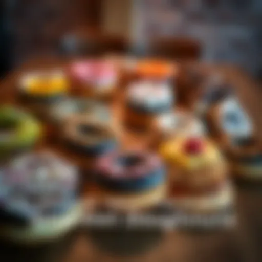 A colorful array of gourmet doughnuts with unique toppings and flavors on a wooden table