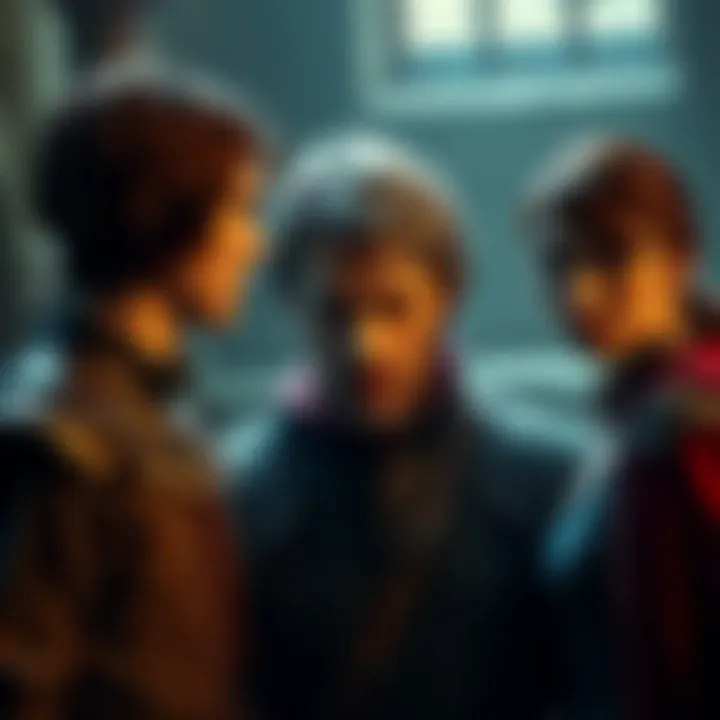 Gowther with a worried expression after his disguise is exposed, surrounded by Donny and Anne in a tense moment in Camelot