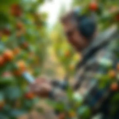 A farmer using a GPS device in an orchard to track fruit growth and improve crop yields