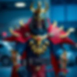 A person wearing a detailed Grand Regent Thragg costume, showcasing bold colors and intricate designs