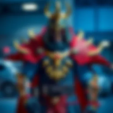 A person wearing a detailed Grand Regent Thragg costume, showcasing bold colors and intricate designs