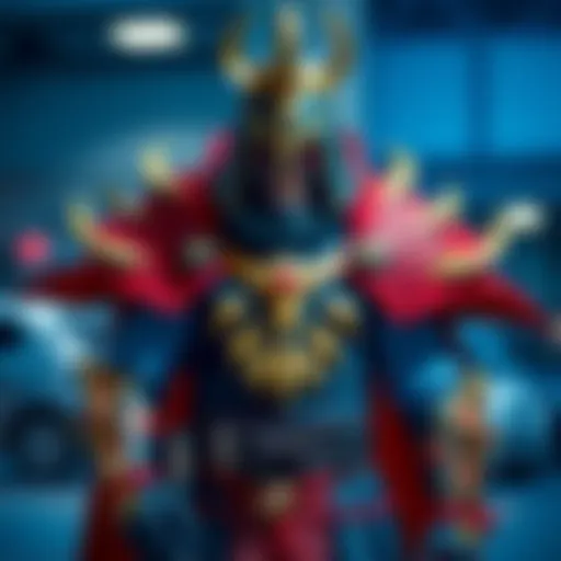A person wearing a detailed Grand Regent Thragg costume, showcasing bold colors and intricate designs