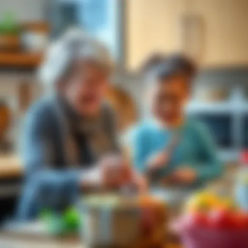 A grandmother and grandchild happily cooking in the kitchen, sharing a joyful moment while preparing a meal together.