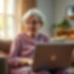 An elderly woman looks surprised while reading about the catchphrase 'and I oop', sitting in a cozy living room with a laptop in front of her.