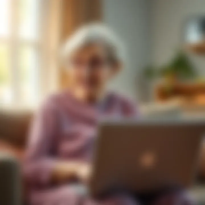 An elderly woman looks surprised while reading about the catchphrase 'and I oop', sitting in a cozy living room with a laptop in front of her.