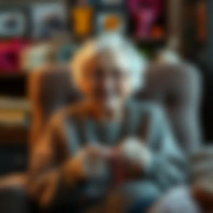 An elderly woman with a kind smile, wearing a cozy sweater and glasses, sitting in a comfortable chair surrounded by family photos and knitting supplies.