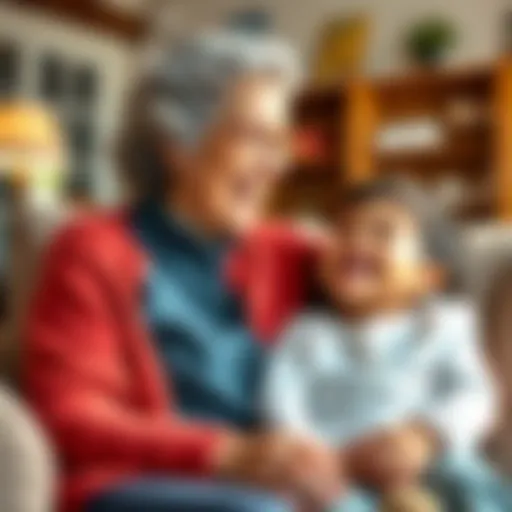 A grandmother and her grandchild laughing together in a cozy living room, sharing a moment of joy and connection.