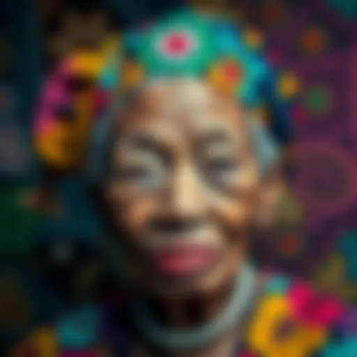 A vibrant artwork titled Granny Inko featuring colorful patterns and emotional expressions, created by artist Stephen Ogodi.