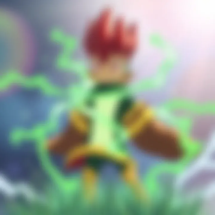 A character representing the new Grass type champion Top stands confidently with vibrant green energy surrounding him, symbolizing his role in the game.