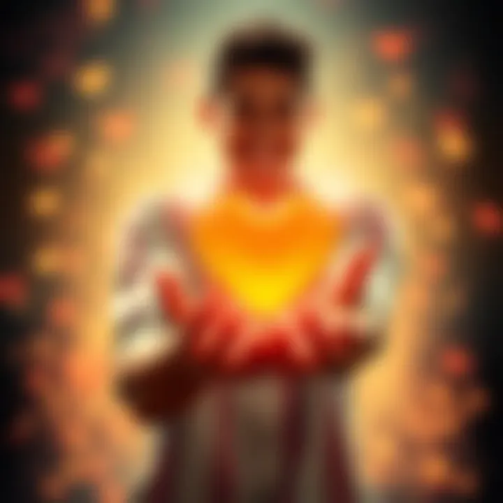A person holding a heart symbol with a warm smile, surrounded by light and positive energy.
