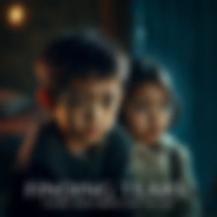 A scene showing two young siblings looking sad and vulnerable, expressing deep emotions. The background is a dimly lit room, evoking a sense of loss and longing.